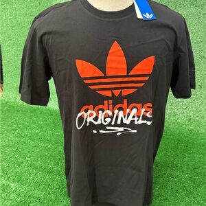 adidas Black Short-Sleeve Tee with orange Trefoil and White Script